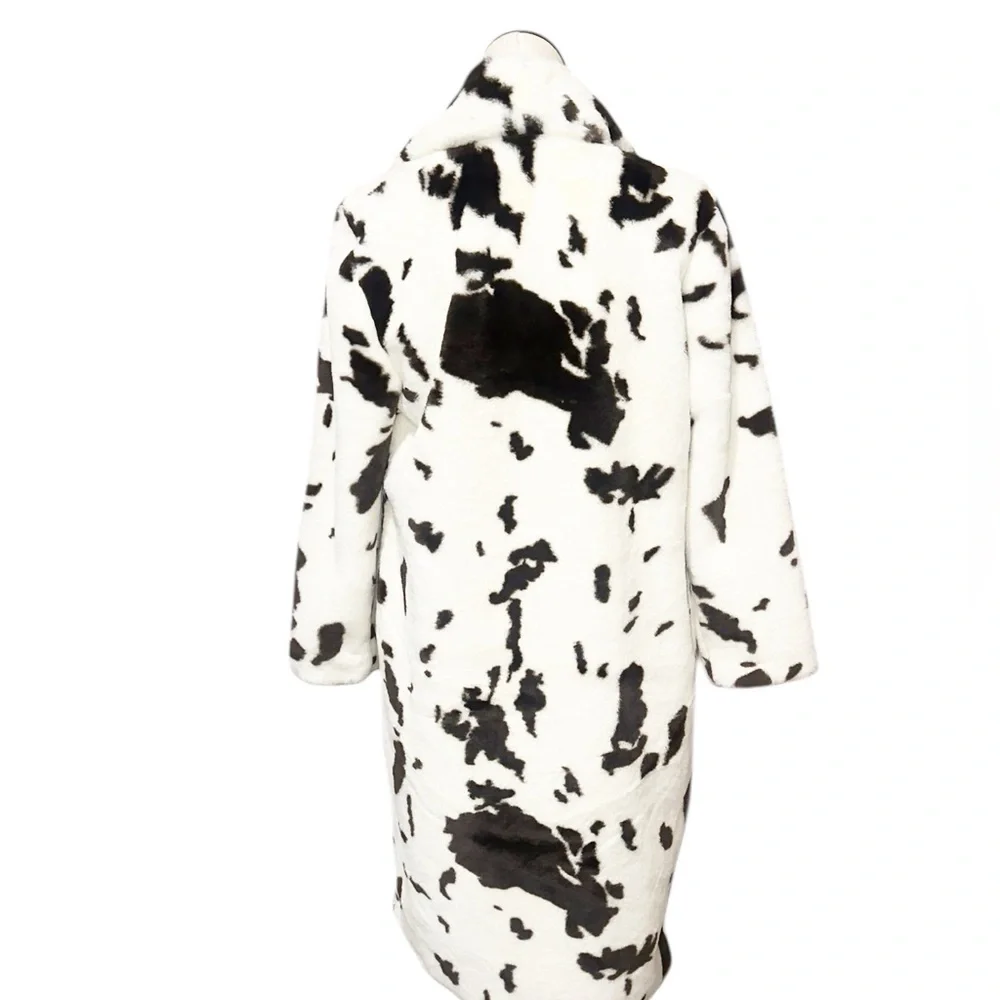 NWT Cow Print Faux Fur Coat Brown White Dalmatian Pattern Fluffy Winter Jacket